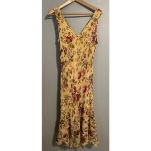 Vintage Paradise NY Dress Womens XL Yellow Floral Ruffle Hem Lined Maxi Boho 90s